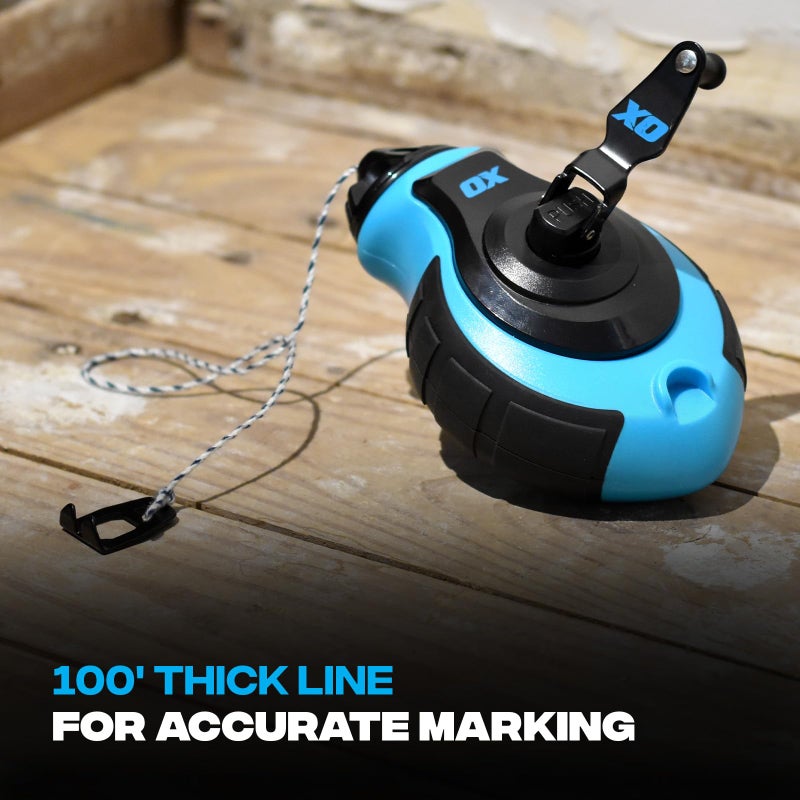 OX Tools OX-P027731 Chalk Line - 100' Thick Line, Curved Hook, 6:1 Gear Ratio, Metal Handle, Easy Top Load, Ergonomic Shape & Rubber Grips - Ideal for Deck Builders, Framers, Roofers - Image 4